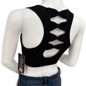 CALI SPORT NEW Medium Sports Bra Black Ribbed Bow Back Seamless Crop Tank Top